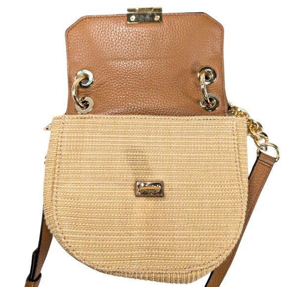 Michael Kors Cecelia Small Woven Raffia Brown Leather Flap Crossbody - Picture 8 of 10